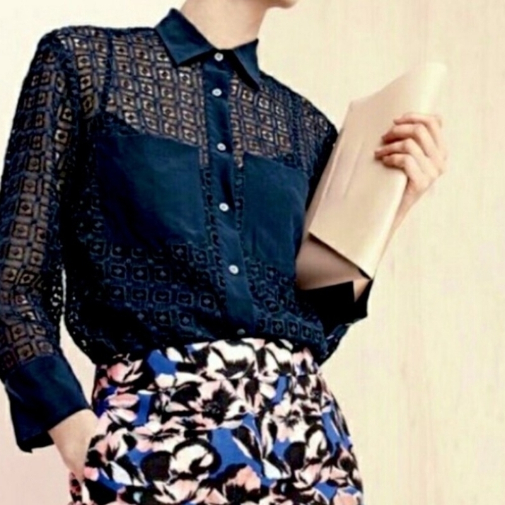 J.crew Navy Geometric Lace Button Down Shirt Size 0.